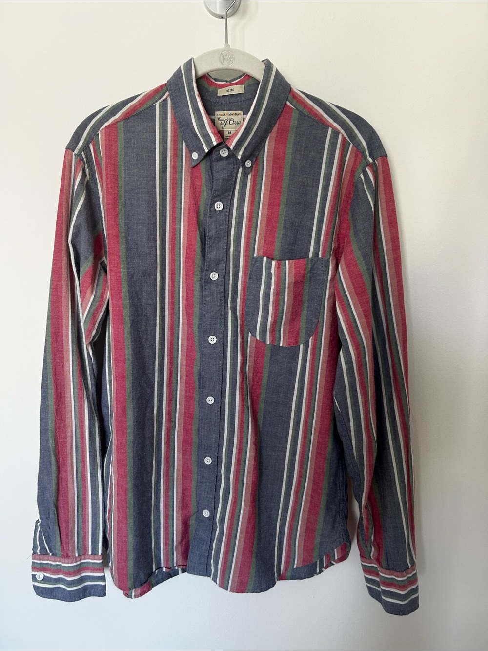 J. Crew Striped 100% Cotton Button-Down Shirt in Red, Navy & Green